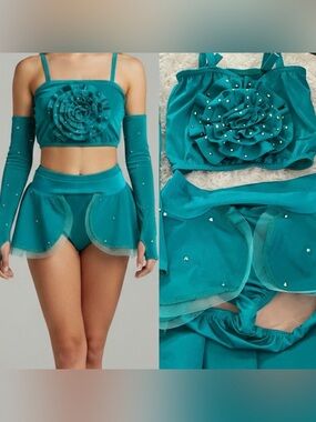 Kelle dance custom rhinestone solo costume teal 2 piece 4487 LC-large child
